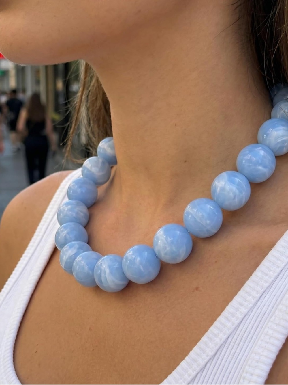 Sky Light Blue Dopamine Marbled Beaded Necklace NEW - Picture 2 of 6